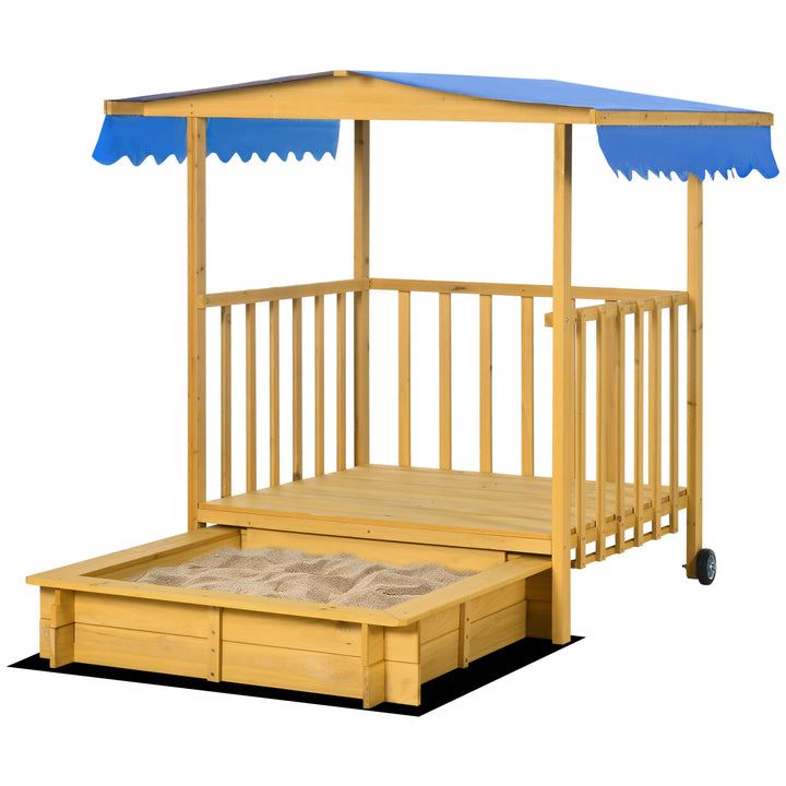 Sandkasse med legehus, sandkasse med tag, 133 x 129 x 137,5 cm, naturlig + blå