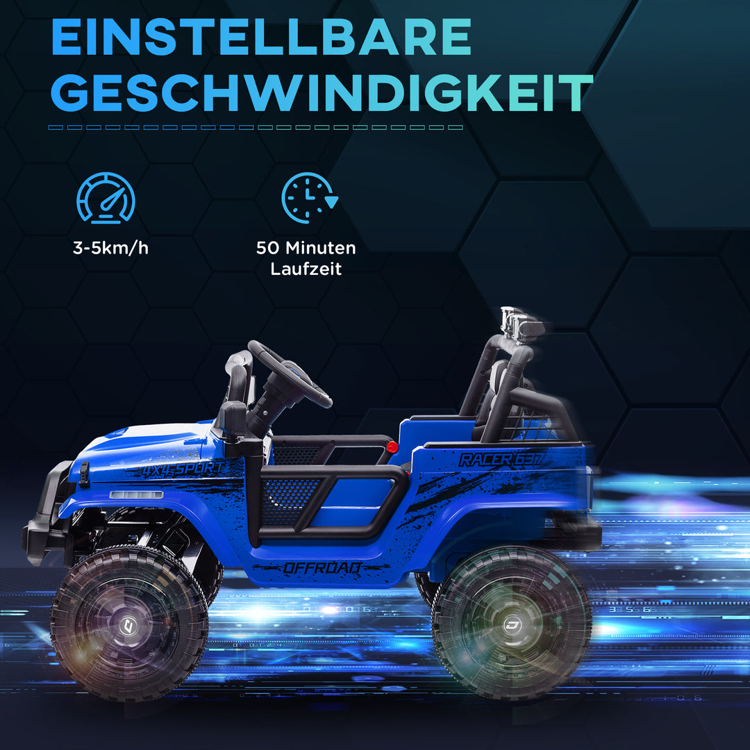 Elbil til børn med blød affjedring, fjernbetjening, led-lyster, horn, 12v motorer, plastik og metal, blå