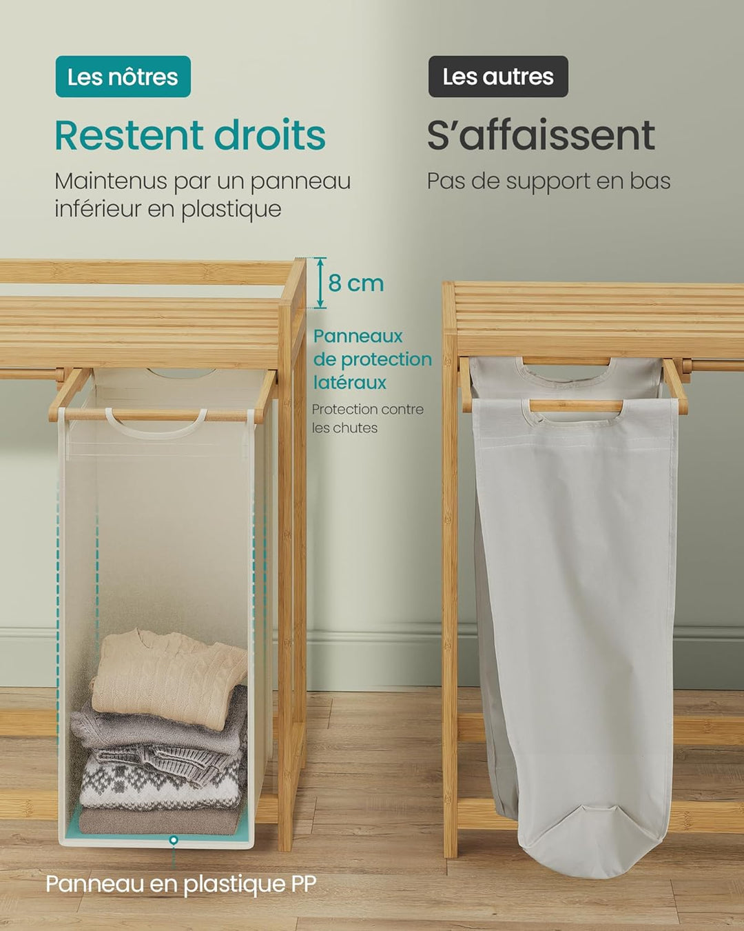 Vasketøjskurv med 2 rum, bambus, 100L, hylde, cremefarvet