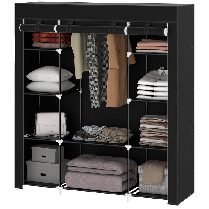 Stofgarderobe, foldbar garderobe, 1 bøjlestang, 9 hylder, 150 cm x 43 cm x 162,5 cm, sort
