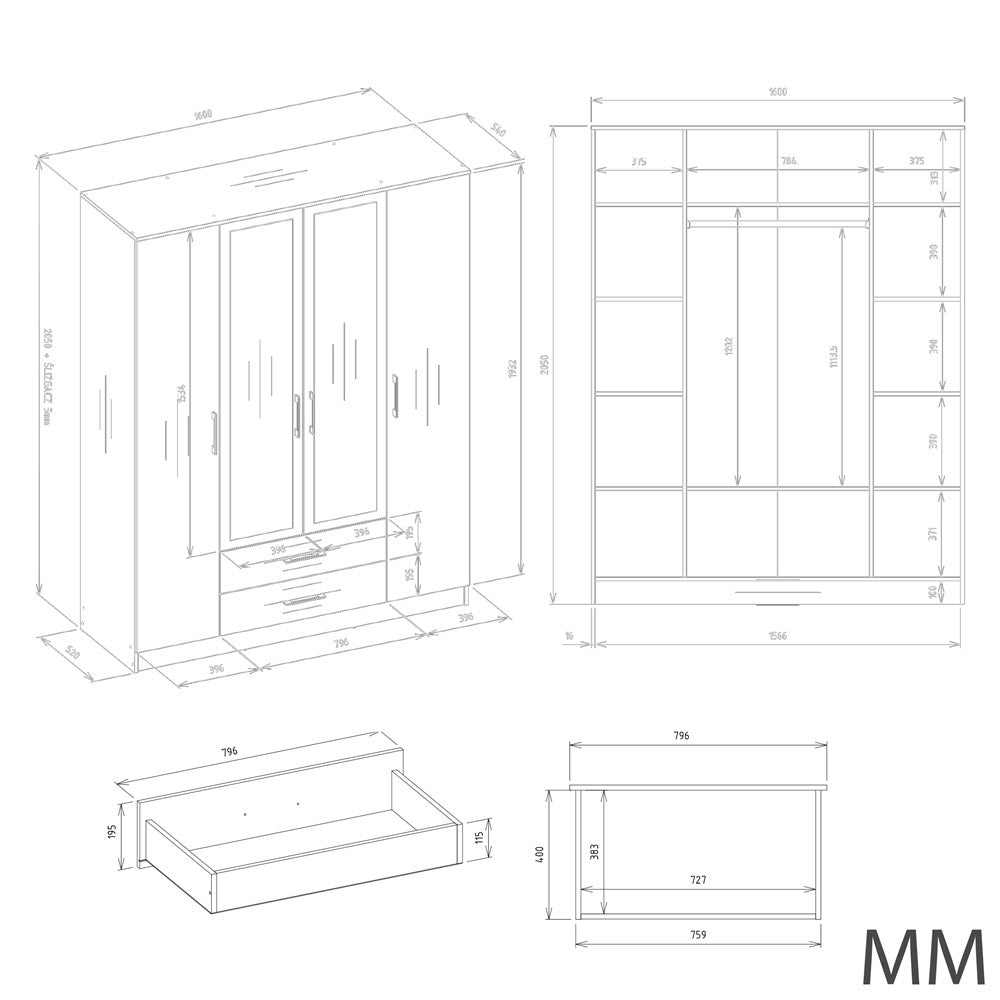 Stort klædeskab, Højde: 205 cm Bredde: 160 cm Dybde: 54 cm, kashmir-beige