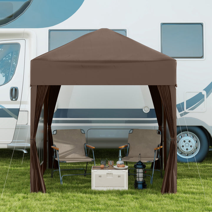 Pop-up-pavillon, øltelt, 4 aftagelige sidevægge, 2 vinduer, metalramme, 2 x 2m, brun