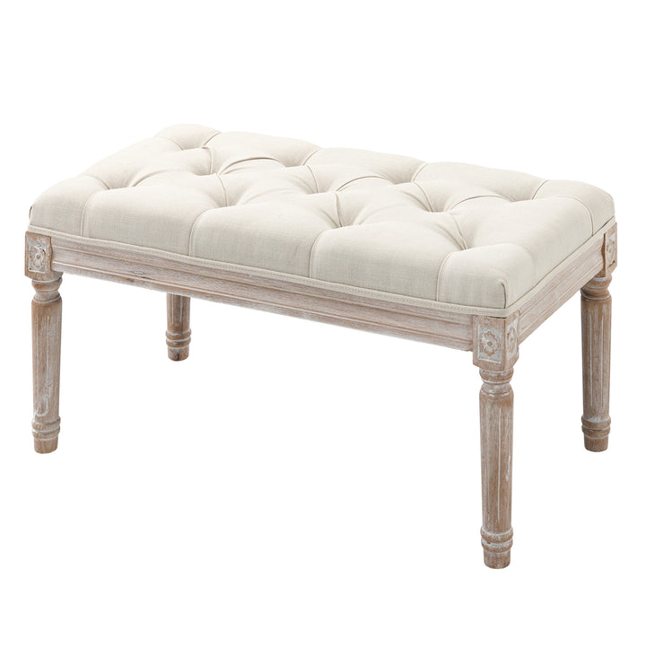 Polstret skammel, polstret bænk, fodskammel, træ og stof med hørlook, 80l x 40b x 43h cm, cremehvid