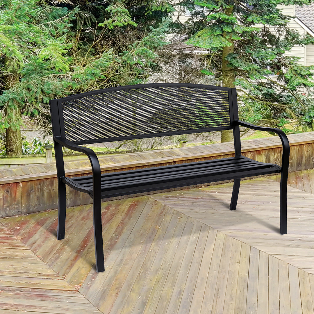 Havebænk, parkbænk, 2-personers, stål, sort, B127 x D60 x H87 cm
