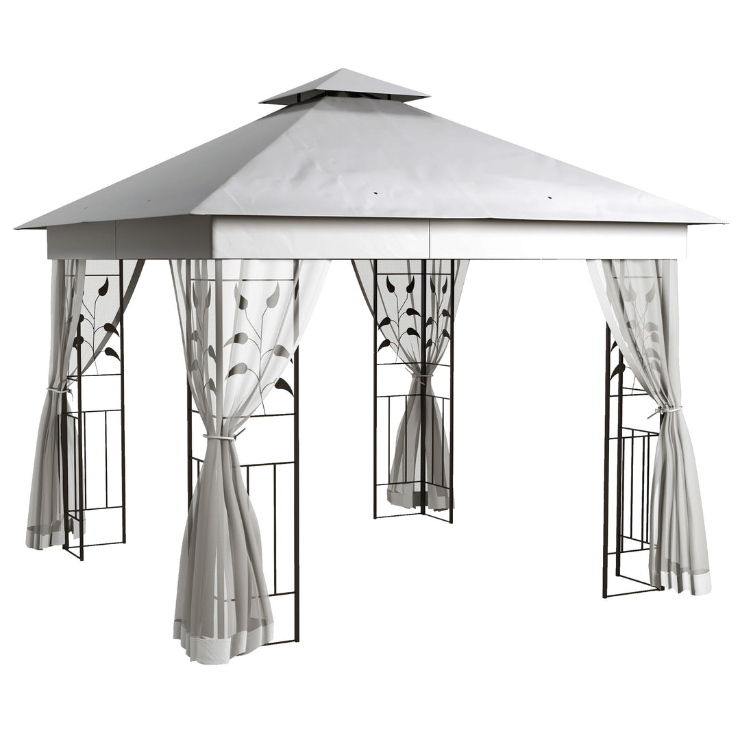 Pavillon med dobbelttag, 3x3 m, vandafvisende, stabil, vintersikker, havepavillon med myggenet, lysegrå