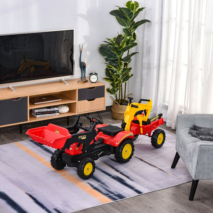 Pedaltraktor med anhænger, frontlæsser, justerbar skovl, traktorpedalkøretøj til børn fra 3 år, rød