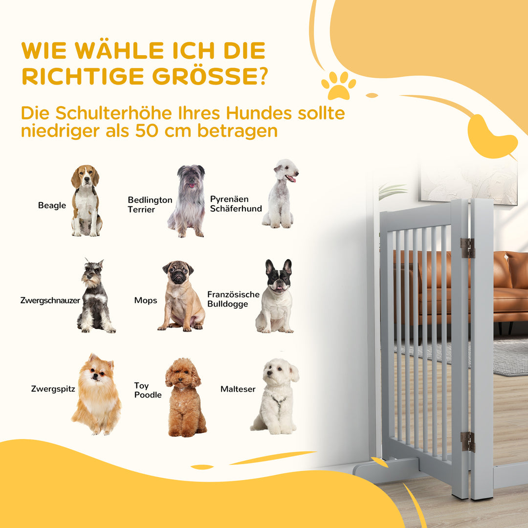 Fritstående hundegitter, 4 paneler, fleksibelt, fyrretræ, 204l x 36b x 75h cm, lysegrå