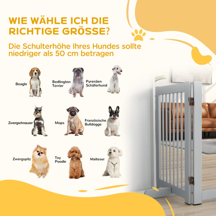 Fritstående hundegitter, 4 paneler, fleksibelt, fyrretræ, 204l x 36b x 75h cm, lysegrå
