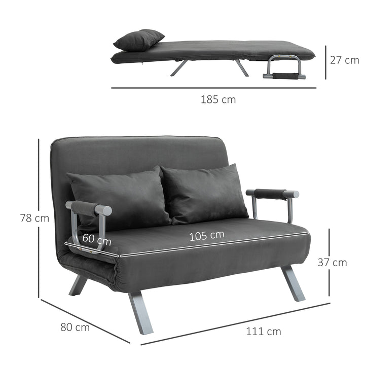 Sovesofa med justerbar ryglæn, pyntepuder, sofa med sovefunktion, fløjlslook, armlæn, gæsteseng, klapstol til stue, soveværelse, grå