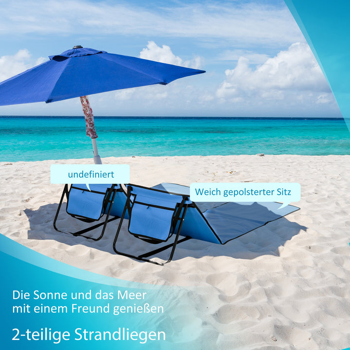Sammenklappelig strandstol med justerbar ryglæn, bærerem, blød polstring, stålramme, blå, 142x51x40cm