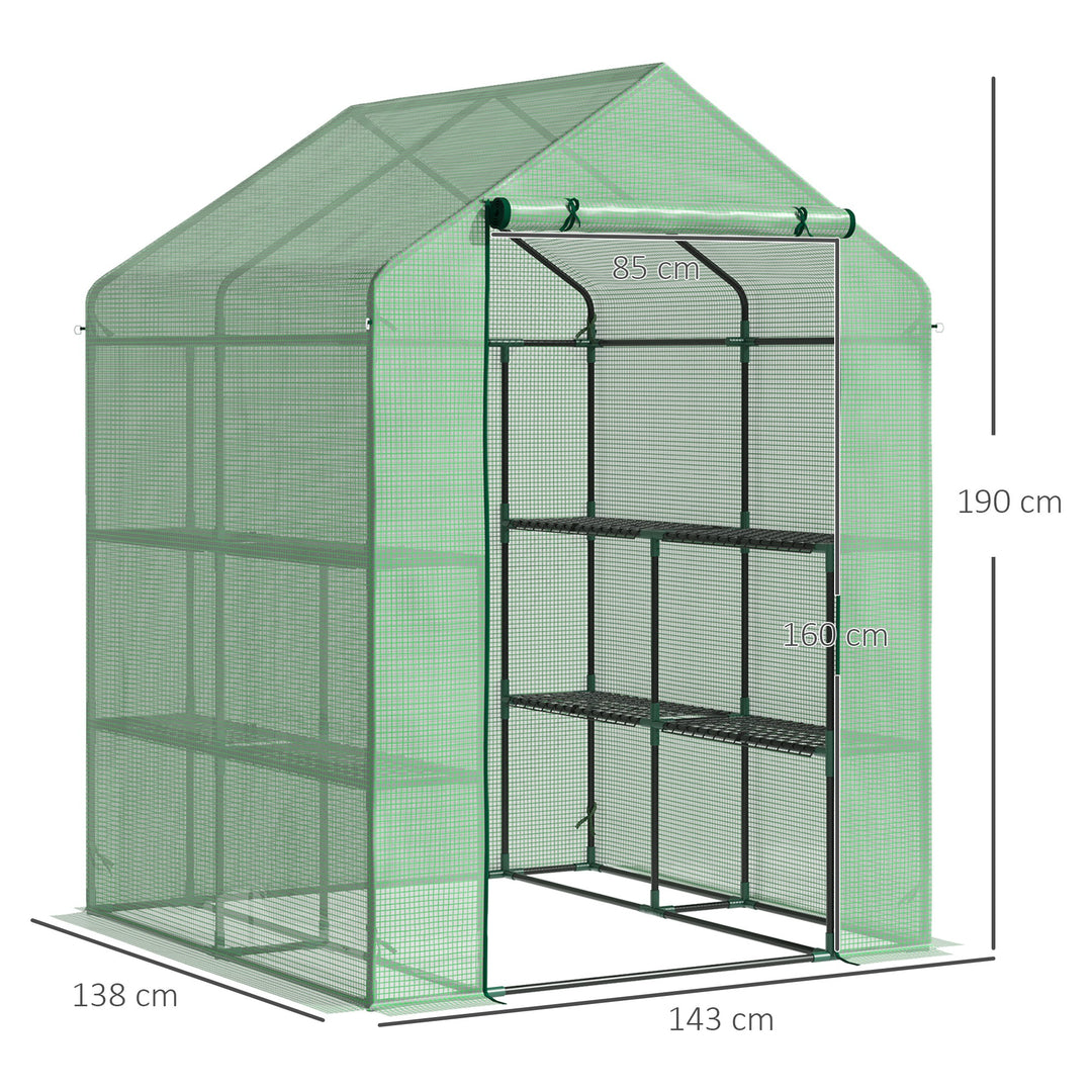 Plastikdrivhus, walk-in drivhus med 8 hylder, tomatdrivhus, drivhus, kold ramme med dør, grøn stål, pe-plast, 143 x 138 x 195 cm