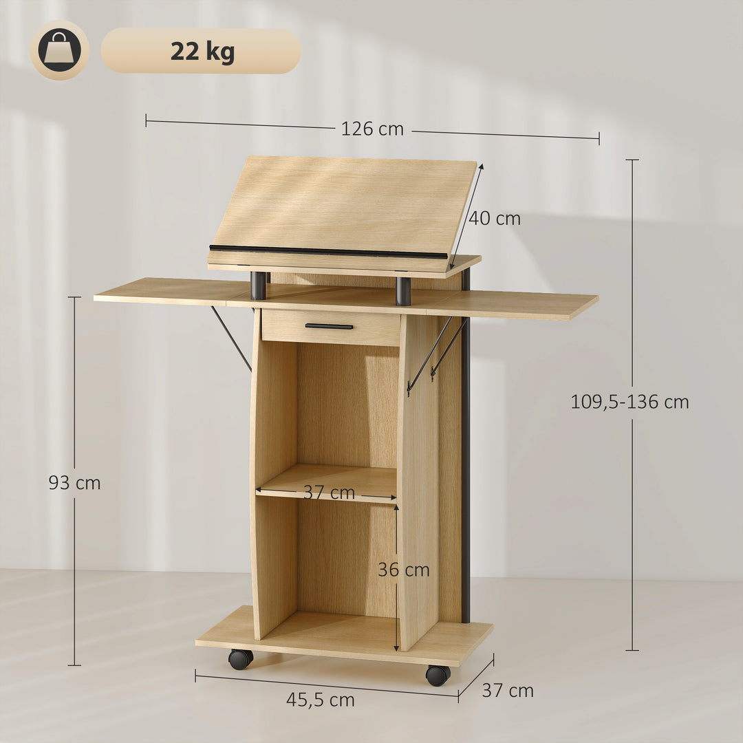 Rullende podiumstativ, talerpult med foldbare sidevinger, laptopbord med skuffe og hylder, egetræslook