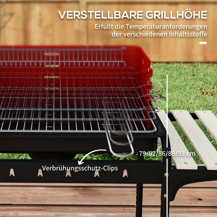 Metalkulgrill BBQ-ryger med hjul, højdejusterbar grillrist, træhylde, 103x47x95 cm, rød