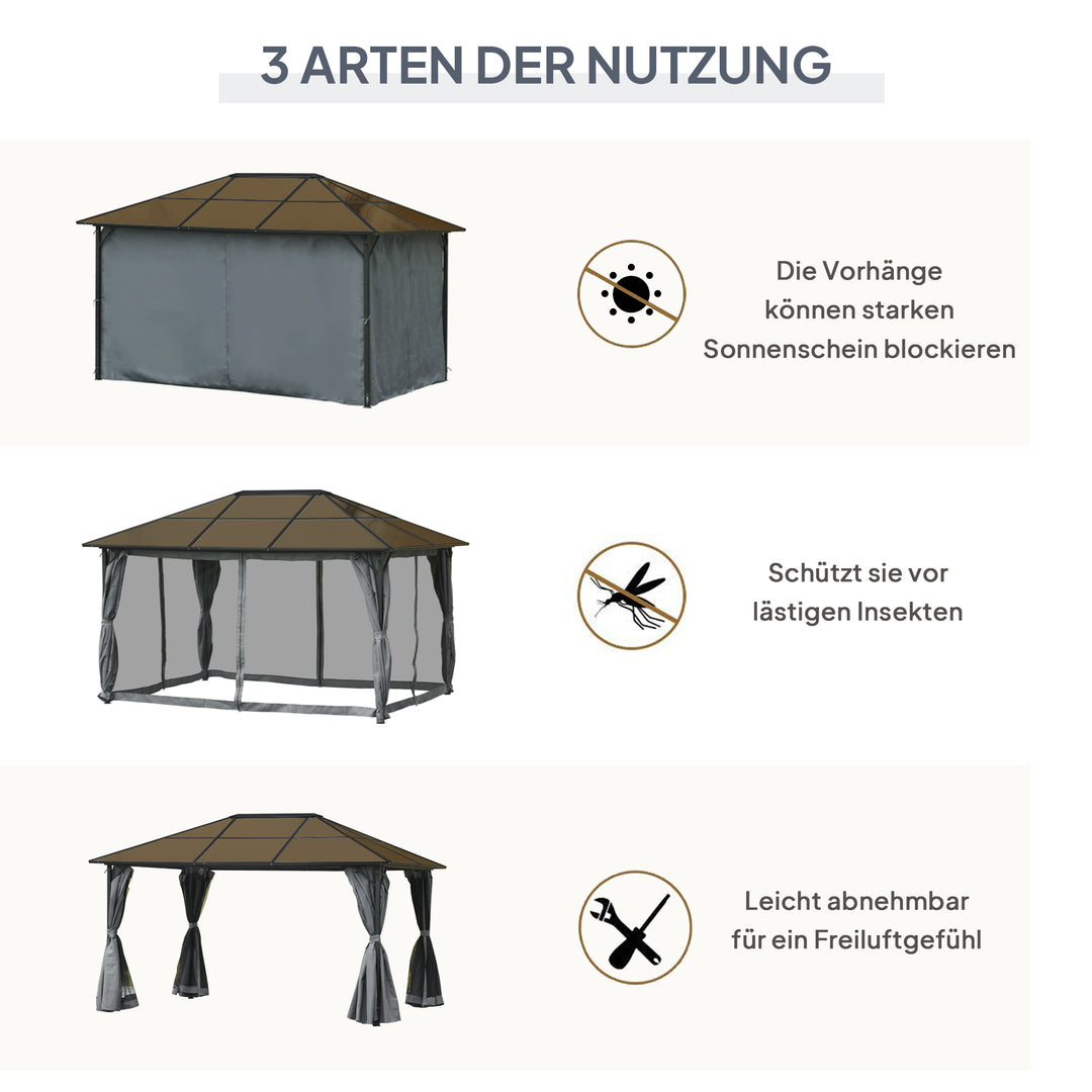 Solrig pavillon med polycarbonattag, gardiner med fluenet, aluminiumsramme, mørkegrå, 3 x 4 x 2,6 m