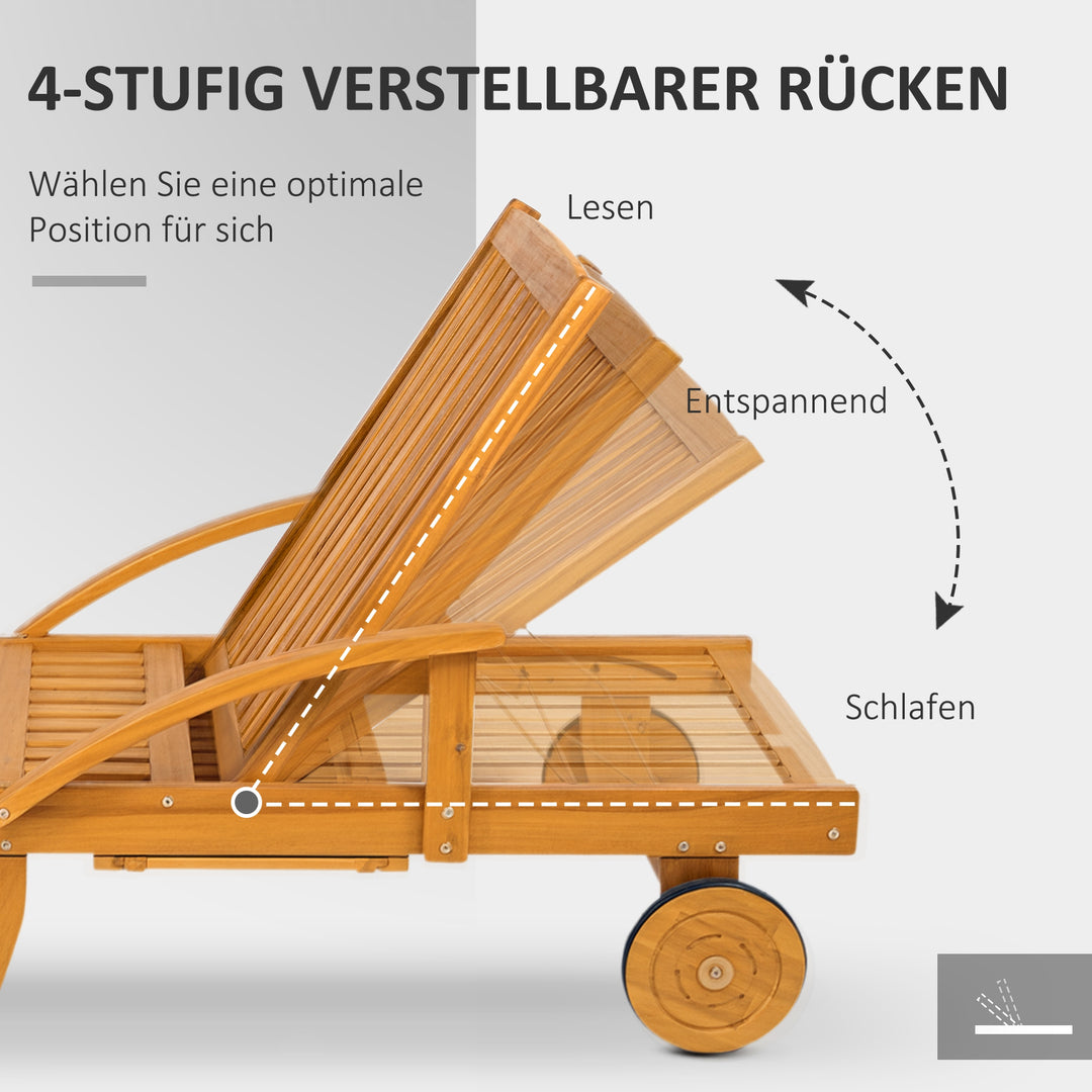 Solseng i træ, foldbar haveliggestol med sidebord, rulle, 4-vejs justerbar ryglæn i teak