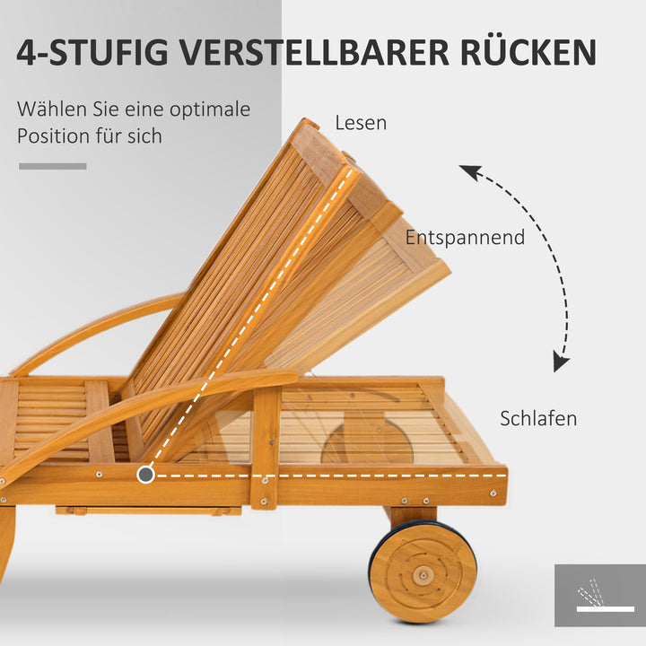 Solseng i træ, foldbar haveliggestol med sidebord, rulle, 4-vejs justerbar ryglæn i teak