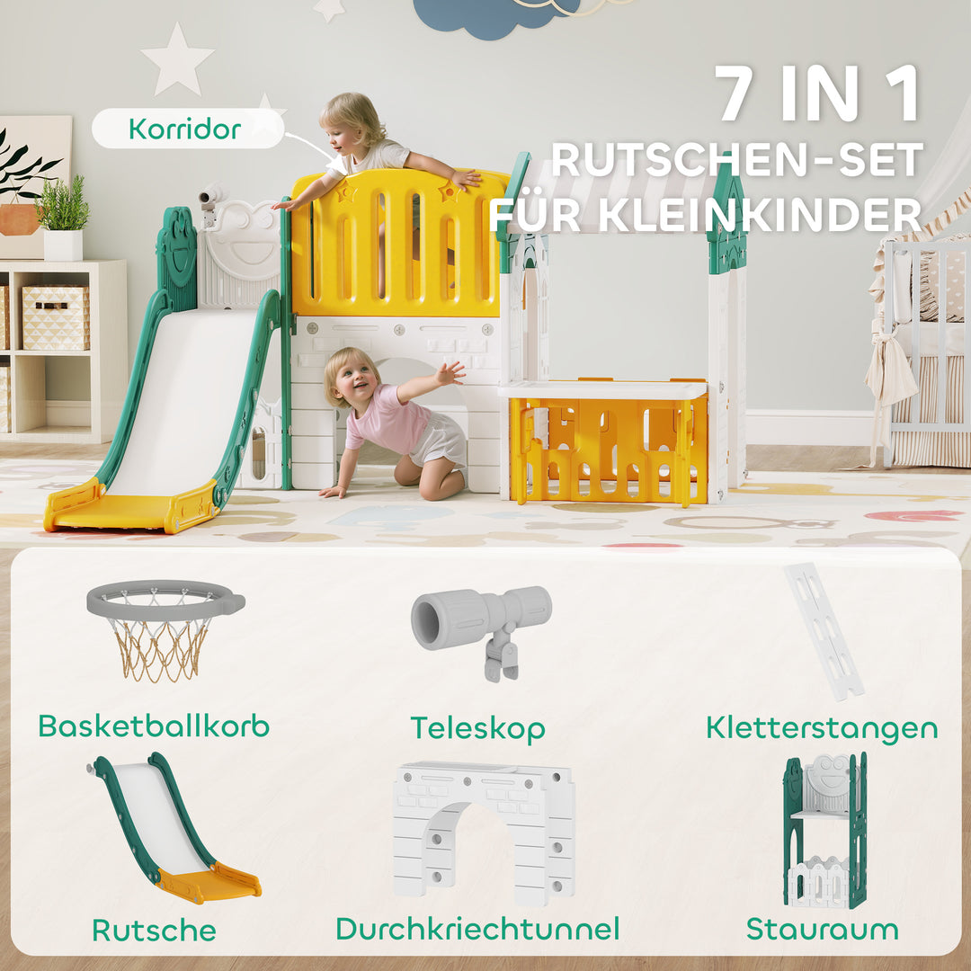 7-i-1 børnerutsjebane, indendørs legeplads, klatrestativ, legehus, tavle, basketballkurv, 1-4 år, plastik, gul+grøn