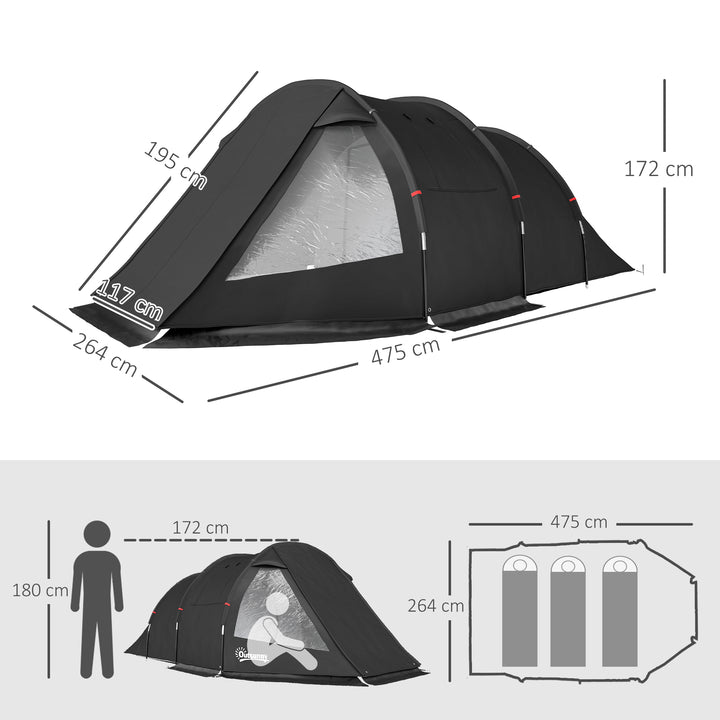 Campingtelt, trekkingtelt, vejrbestandigt, 2 rum, 475 x 264 cm (bredde x højde), sort