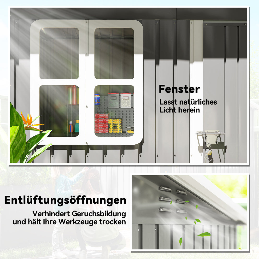 Haveskur, havehus med vindue, aflåselig dør, til have, terrasse, stål, 221l x 133b x 190h cm, grå
