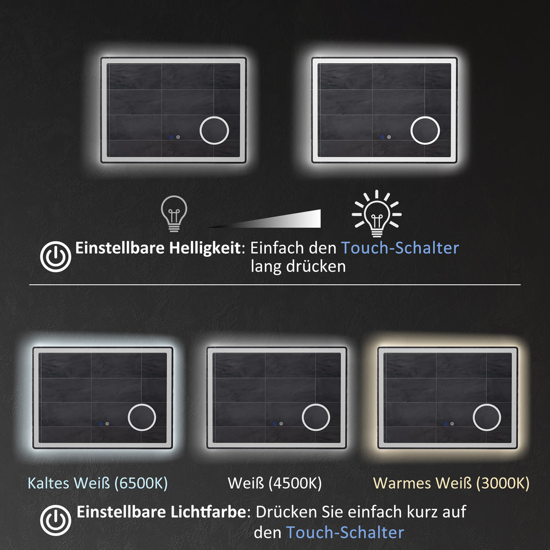 LED-badeværelsesspejl med 3x forstørrelse, touchfunktion, hukommelsesfunktion, antidug, 80 x 60 cm