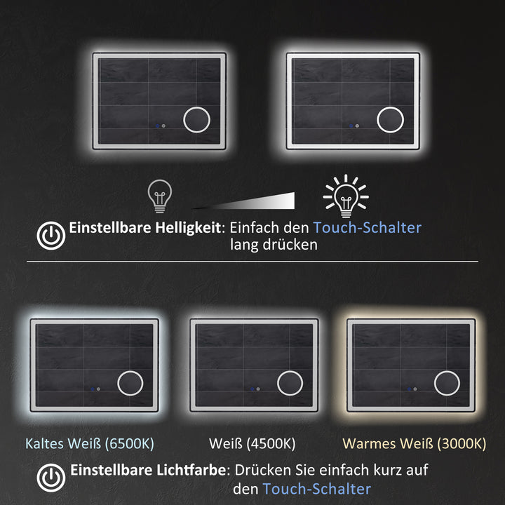 LED-badeværelsesspejl med 3x forstørrelse, touchfunktion, hukommelsesfunktion, antidug, 80 x 60 cm