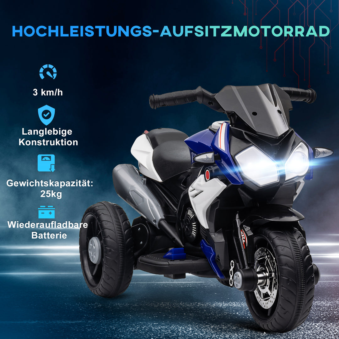 Elektrisk børnemotorcykel, lys og lyd, 3 km/t, genopladelig, plast og metal, blå/hvid