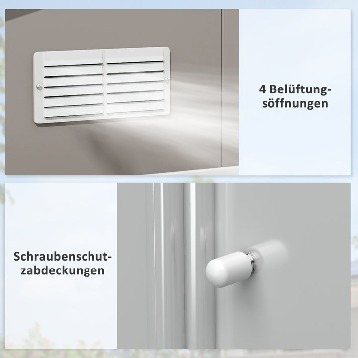 Redskabsskur, vejrbestandigt haveskur til haveredskaber, med ventilationsvinduer, skydedøre, stål, lysegrå