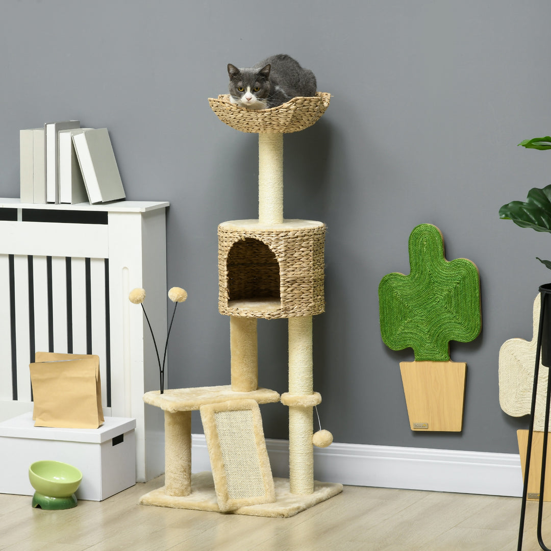 Kradsetræ med kattehule, liggeplatform, legebold, 45x40x116 cm, brun/beige