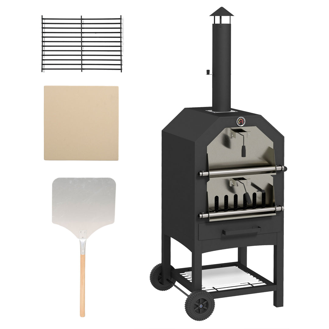 2-i-1 udendørs pizzaovn, med pizzasten, askebæger, 2 grillriste, termometer, rustfri, sort