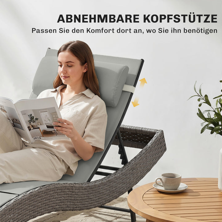 Polyrattan liggestol, S-formet havestol med justerbar ryglæn og nakkestøtte i 5 positioner, åndbar og UV-bestandig