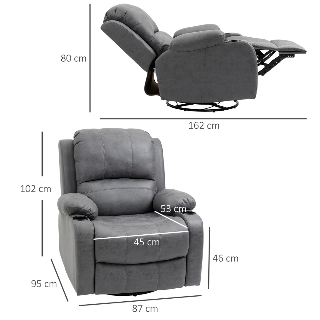 Lænestol med fodstøtte og lænefunktion, inklusive kopholder, tv-stol, 87 cm x 95 cm x 102 cm, grå
