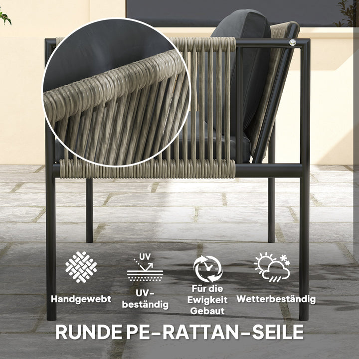 Havemøbelsæt med 4 dele, 1 sofa, 2 lænestole, 1 glasbord, hynder, stålstel, plastikrattan, grå