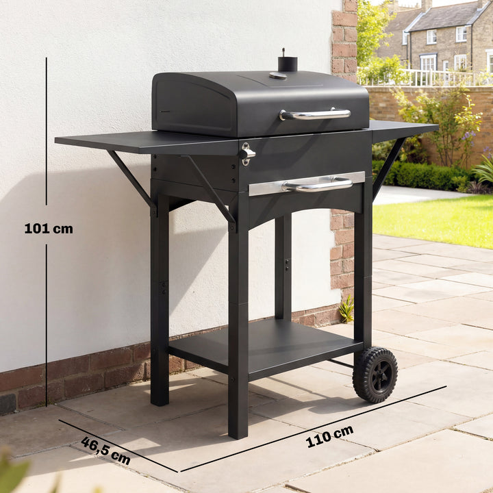 Kulgrill med låg, BBQ-røgergrill med 2 sideborde, stor grilloverflade, grillrist, termometer, hjul