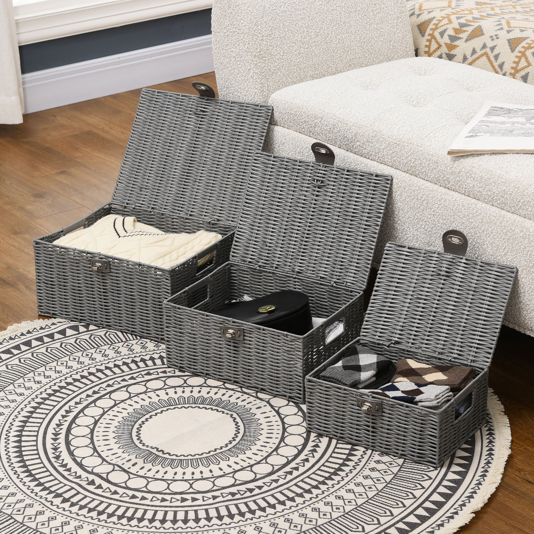 Sæt med 3 opbevaringskurve i pe-rattan med lukning og håndtag, 35,5 cm x 28,5 cm x 18 cm, grå