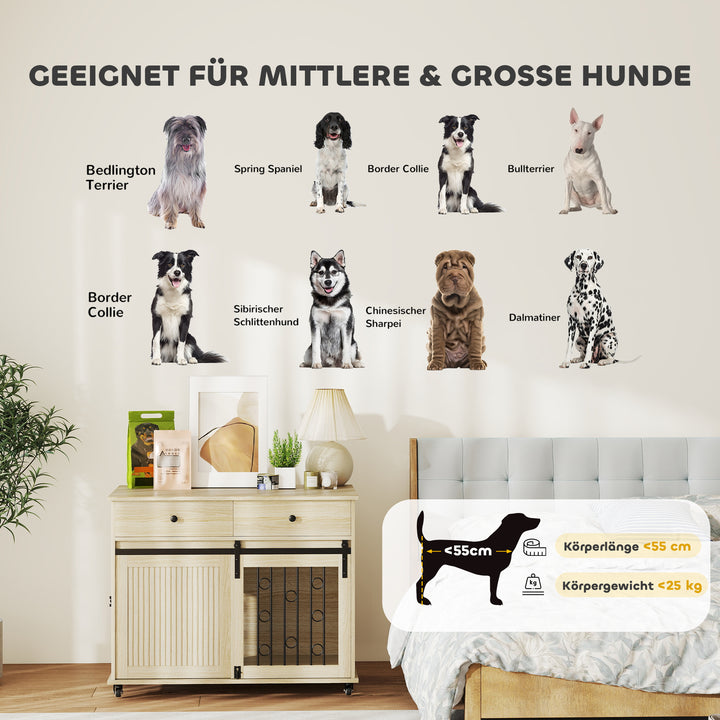 Hundebur på hjul, 2 døre, 2 skuffer, til mellemstore og store hunde, træ, stål