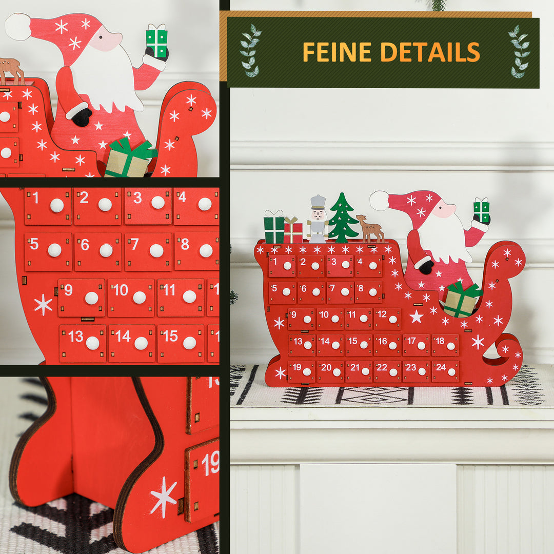Julekalender julemanden med kane, 24 rum, genanvendelig, 22,5 x 8 x 36 cm, rød