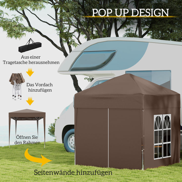 Pop-up-pavillon, øltelt, 4 aftagelige sidevægge, 2 vinduer, metalramme, 2 x 2m, brun