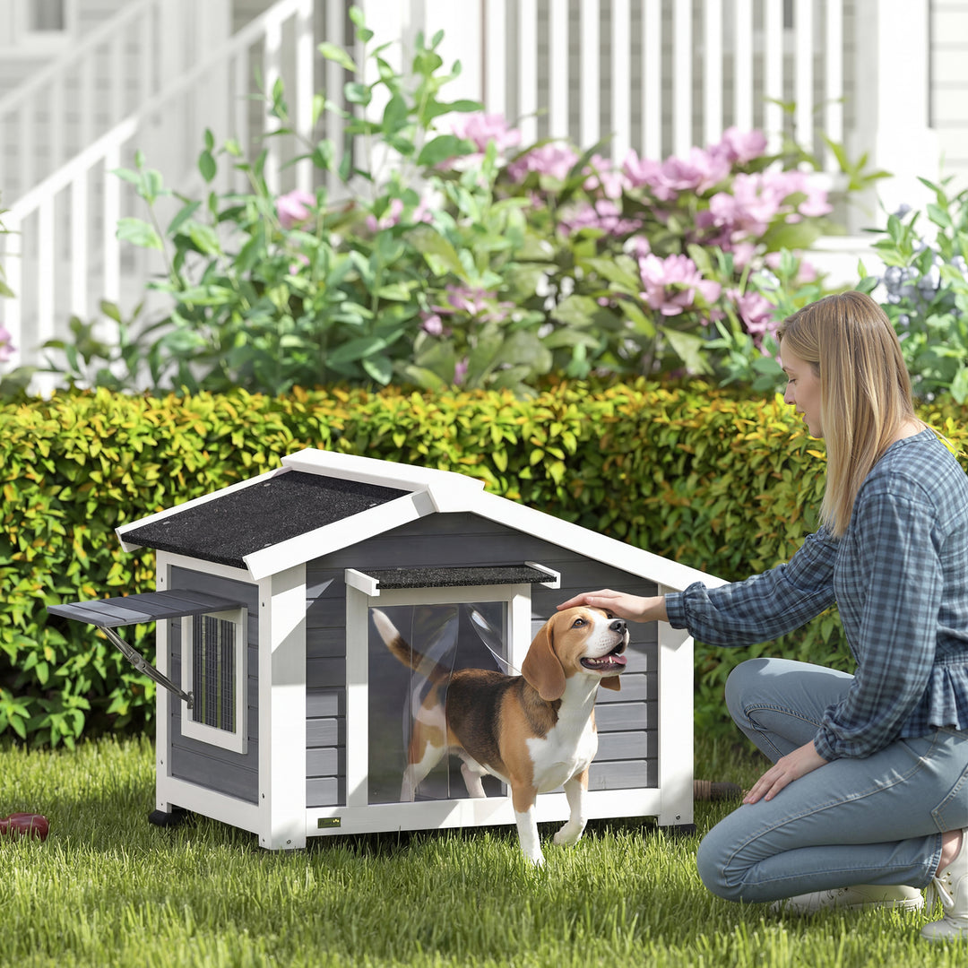 Vejrbestandigt hundehus i træ med aftageligt gulv, asfalttag, vindue der kan åbnes, 98x76x69,5 cm, grå