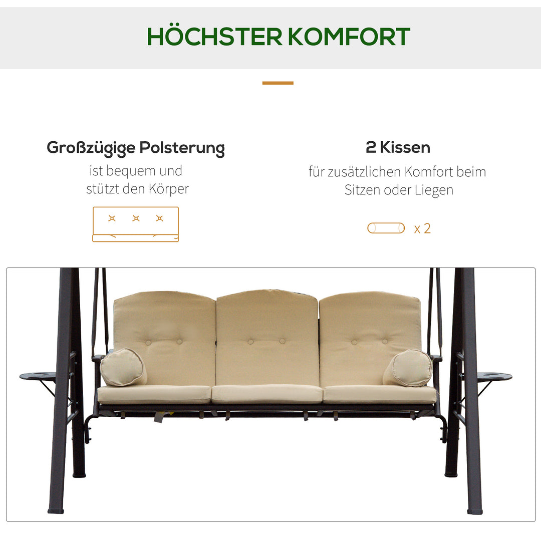 3-personers Hollywood gyngestol med solsejl, beige og brun, 121 x 208 x 172 cm
