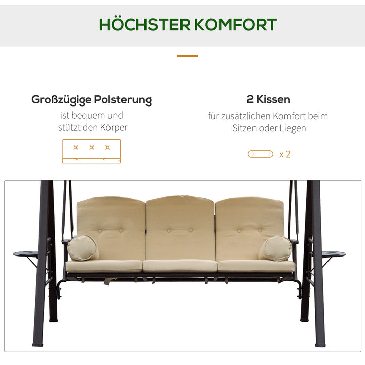 3-personers Hollywood gyngestol med solsejl, beige og brun, 121 x 208 x 172 cm