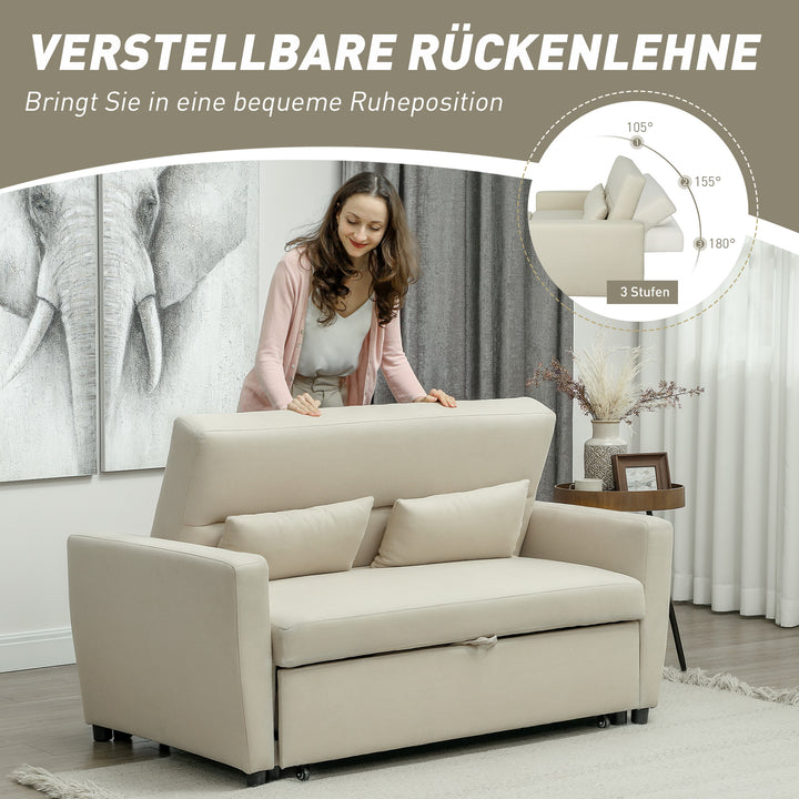 2-Personers sofa med sengefunktion, justerbar ryglæn, polstret sofa, fløjlslook, til stue, soveværelse, beige