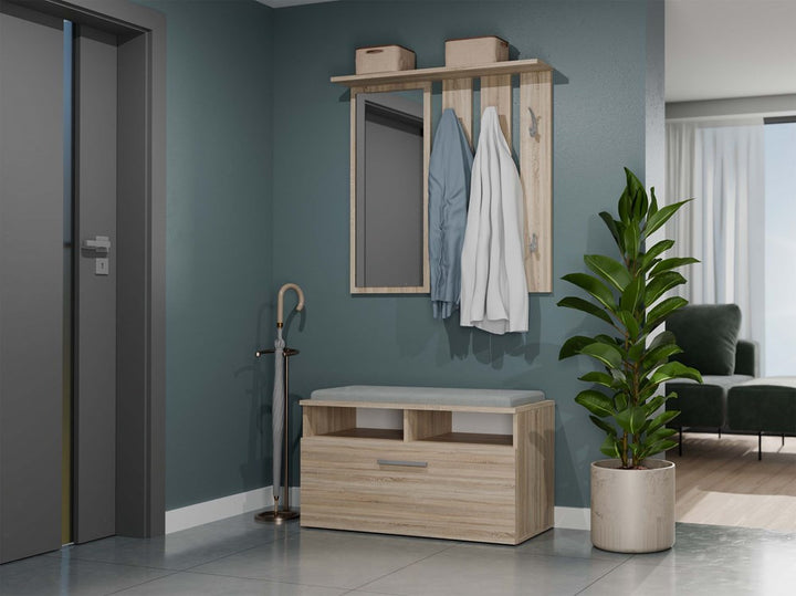 Skoskab med siddeplads, Dybde: 35 cm Bredde: 85 cm Højde: 46 cm