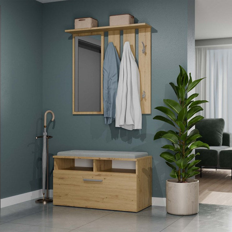 Knagerække med hylde og spejl, naturfarvet