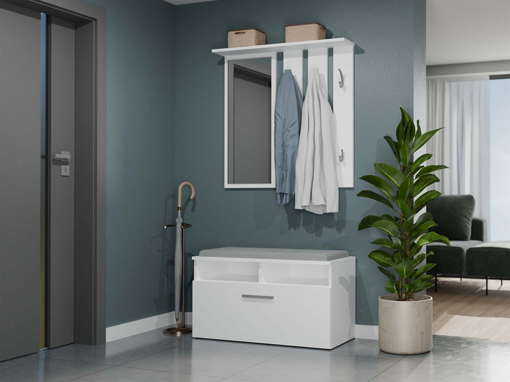 Knagerække med hylde og spejl, mat hvid