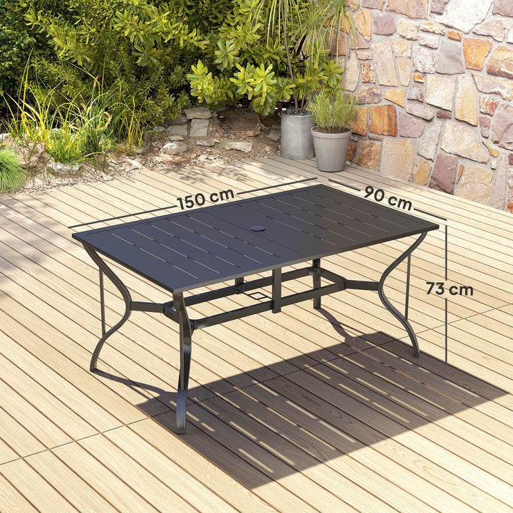 Havebord stål 150x90 cm vejrbestandigt balkonbord med parasolhul, lameldesign til 6 personer sort