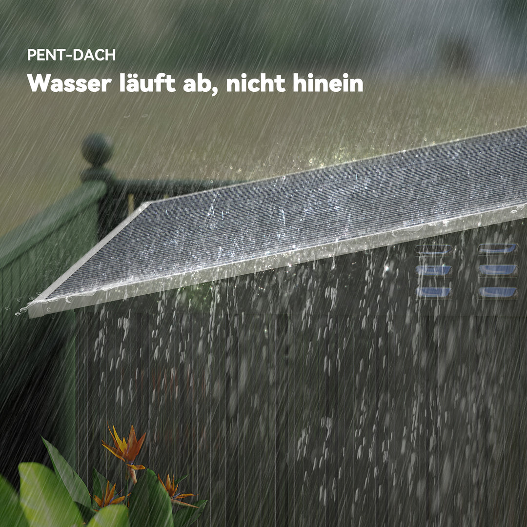 Haveskur, redskabsskur med vinduer, ventilationshuller, skydedør, vandtæt stål, vejrbestandig, mørkegrå