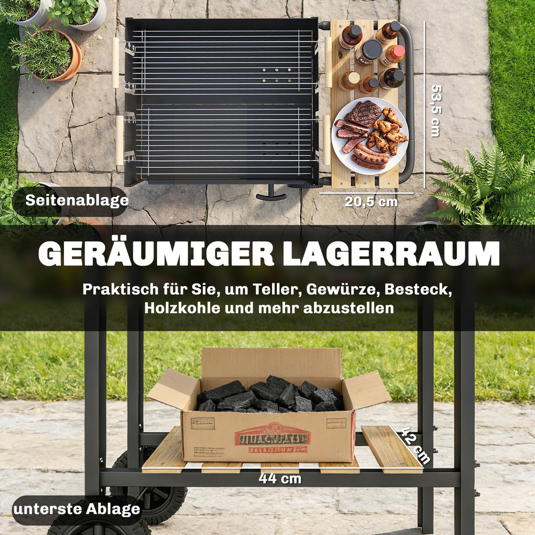 Kulgrillvogn med 4-positioners højdejusterbar grillrist, 2 træhylder, 2 hjul, askebeholder, 99,5 x 58 x 82 cm