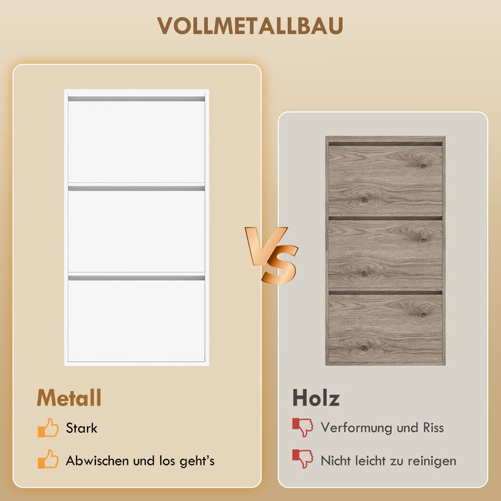 Metalskoskab med 3 nedfældbare rum, smalt skoskab, vægmonteret, til 6 par sko, hvid