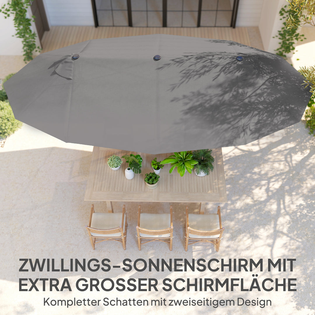 Dobbelt parasol 455 x 265 cm, UV-beskyttende parasol med håndsving, vindtæt balkonparasol, håndsvingparasol, solskærm til balkon og have, grå