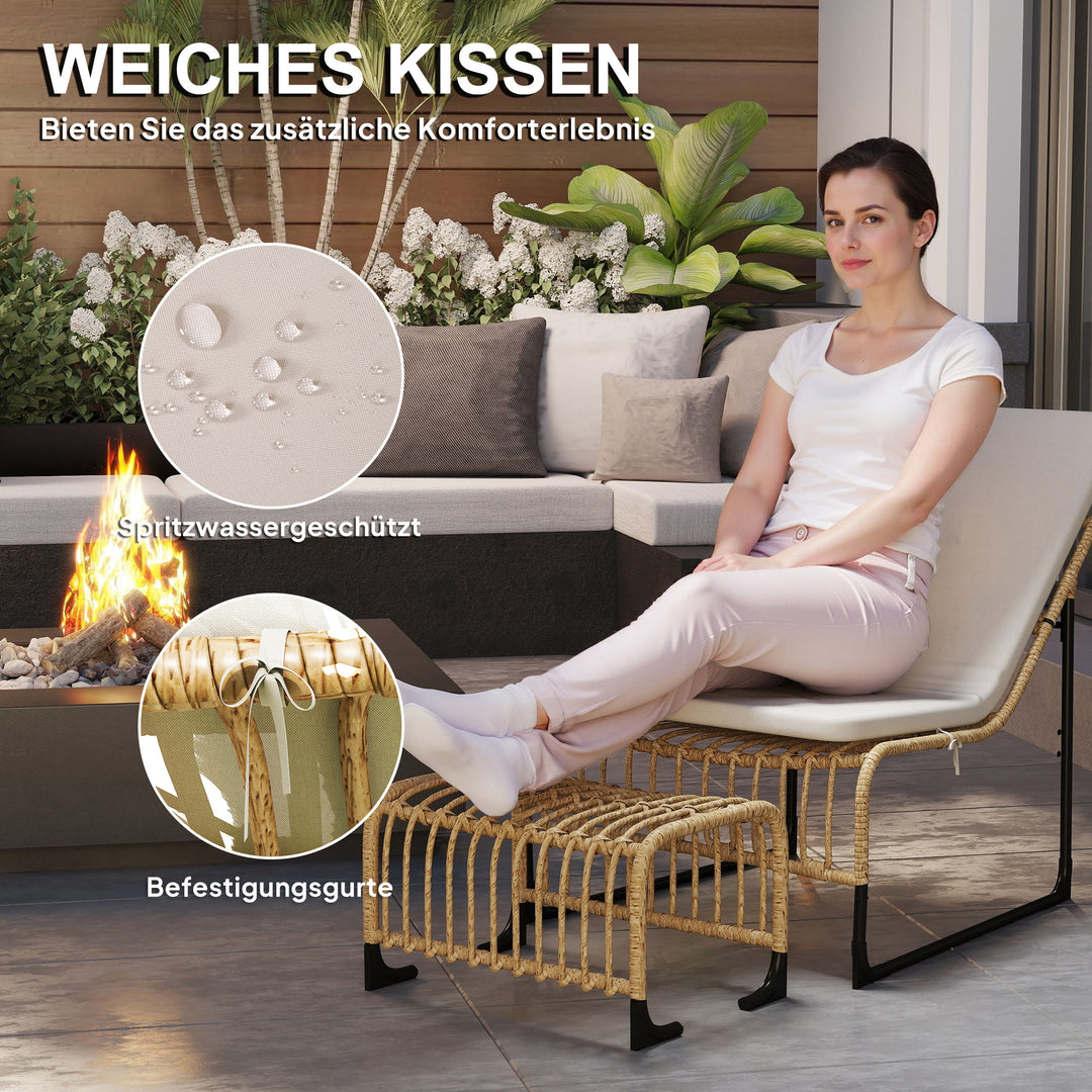 Rattan-afslapningsstol med fodskammel uv-bestandig havestol med hynderemme 65 x 93 x 80 cm naturtræ